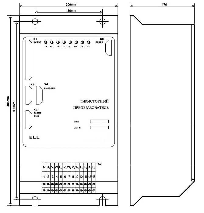 Габаритная схема цифрового тиристорного преобразователя ELL 12050/400