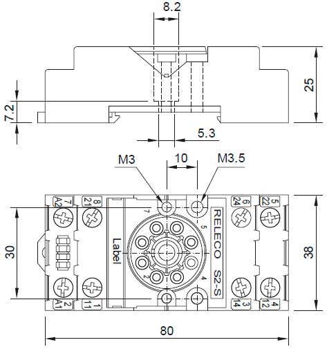 Габаритная схема розетки Releco S2-S для С2 реле