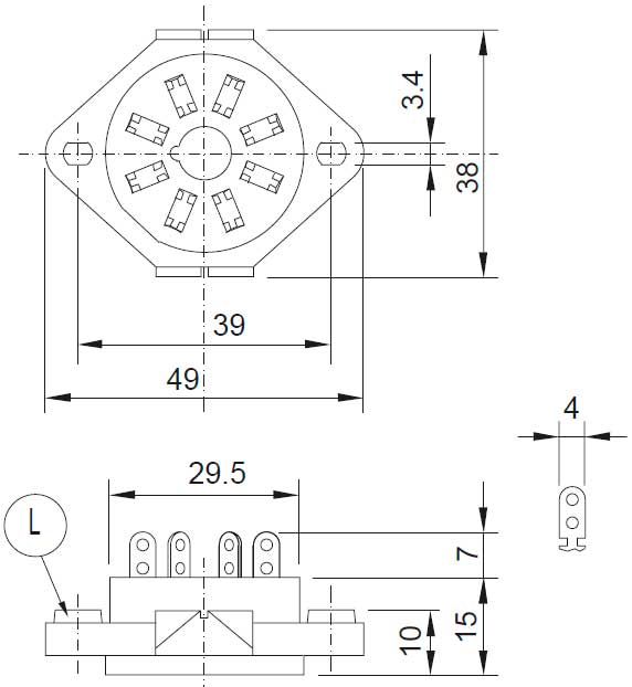 Габаритная схема розетки Releco S2-L для С2 реле