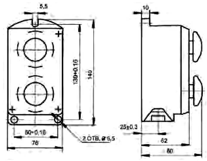 Пост управления кнопочный ПКЕ-222-2 У3 - габаритная схема