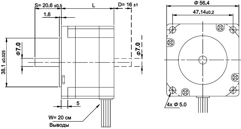 Габаритная схема шагового двигателя KRS565