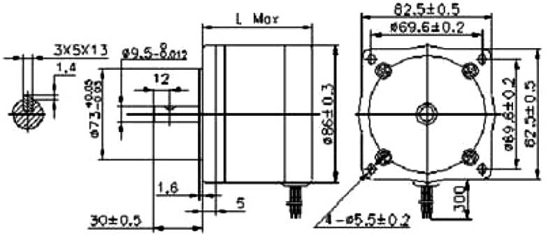 Габаритная схема шагового двигателя KRS853 (фланец 85 мм)