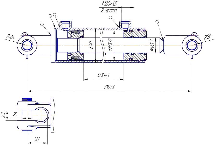 Конструктивная схема гидроцилиндра ЦГ-80.40.200.01