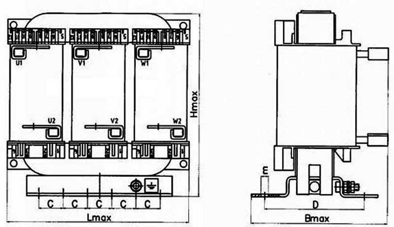 Габаритная схема трехфазного дросселя ДРТ-110