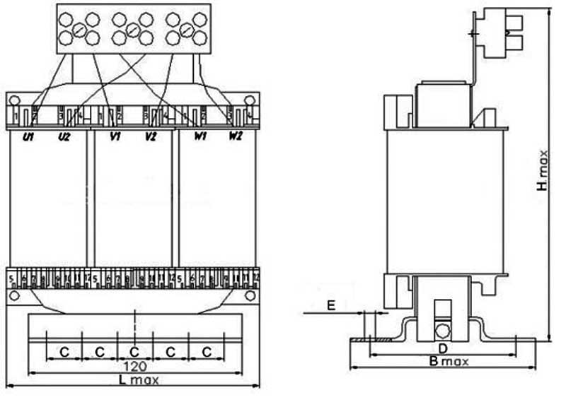 Габаритная схема трехфазного дросселя ДРС-0.08/128