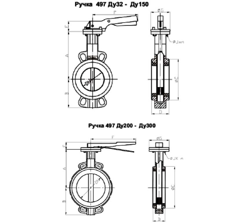 Габаритная схема задвижки Баттерфляй 497B с ручкой (DN 32-300 мм)