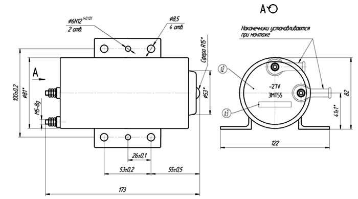 Габаритные, присоединительные и установочные размеры электромагнита ЭМТ 55