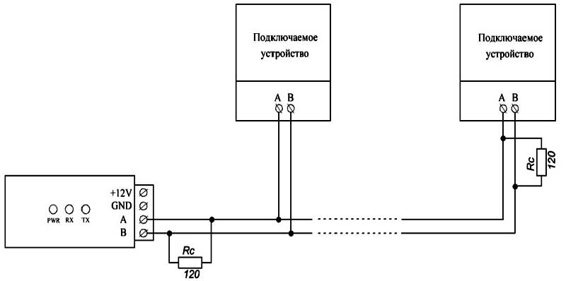 Схема подключения преобразователя USB-RS485 INAV - длинная линая