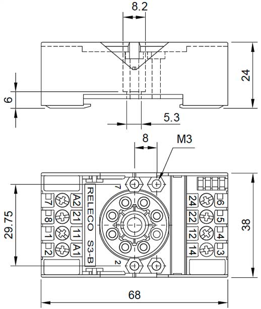 Габаритная схема розетки Releco S2-B для С2 реле